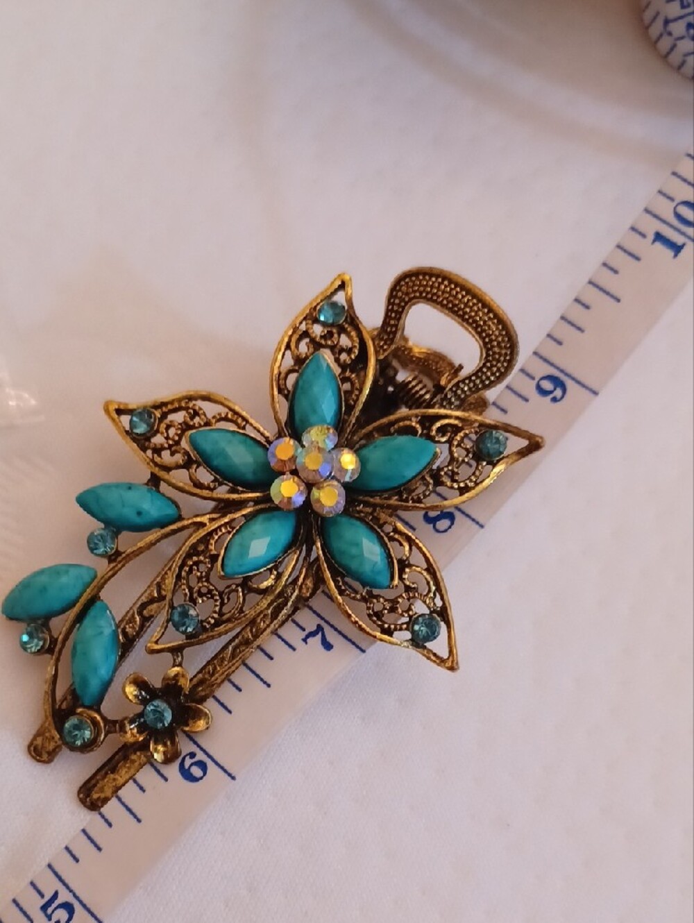 Gold-Tone Floral Hair Clip with Turquoise Stones - Picture 7 of 8